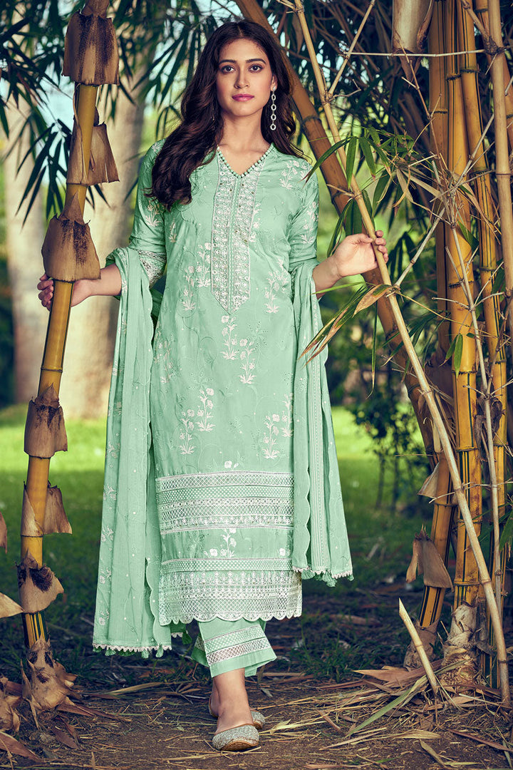 Sea Green Color Embroidered Block Print Straight Cut Salwar Suit With Pure Cotton Bottom