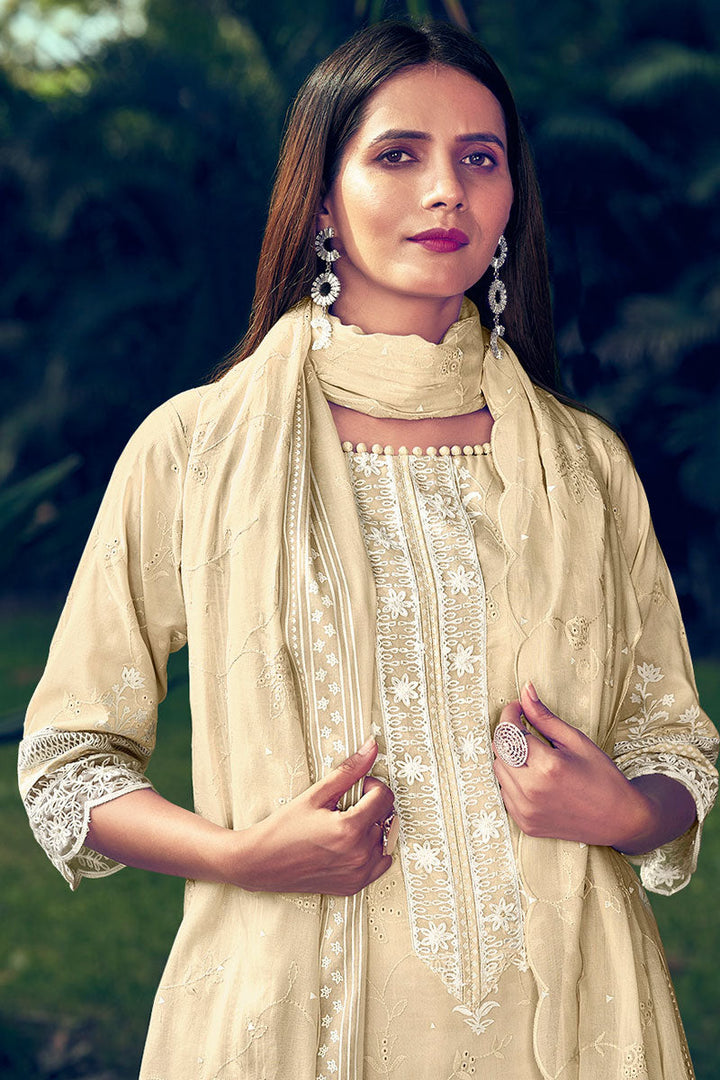 Designer Salwar Suit With Khadi Print And Embroidery