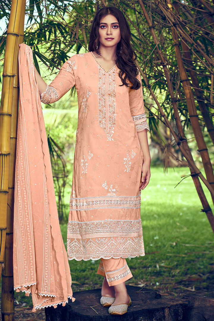 Peach Color Pure Cotton Embroidered Straight Cut Salwar Suit With Print Patti