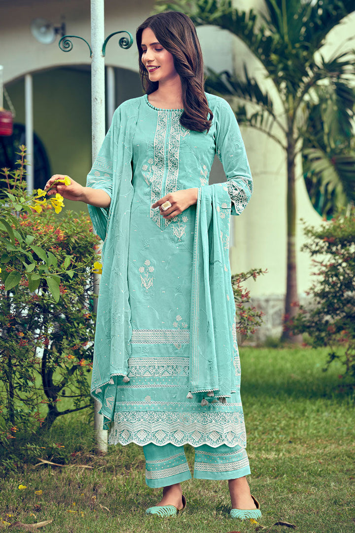 Cyan Color Pure Cotton Embroidered Salwar Suit With Placement Block Print