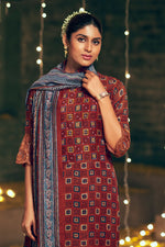 Load image into Gallery viewer, Pure Ajrak Print Pure Modal Silk Maroon Color Long Straight Cut Suit