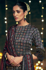 Load image into Gallery viewer, Pure Modal Silk Pure Ajrak Print Long Straight Cut Salwar Kameez In Black Color