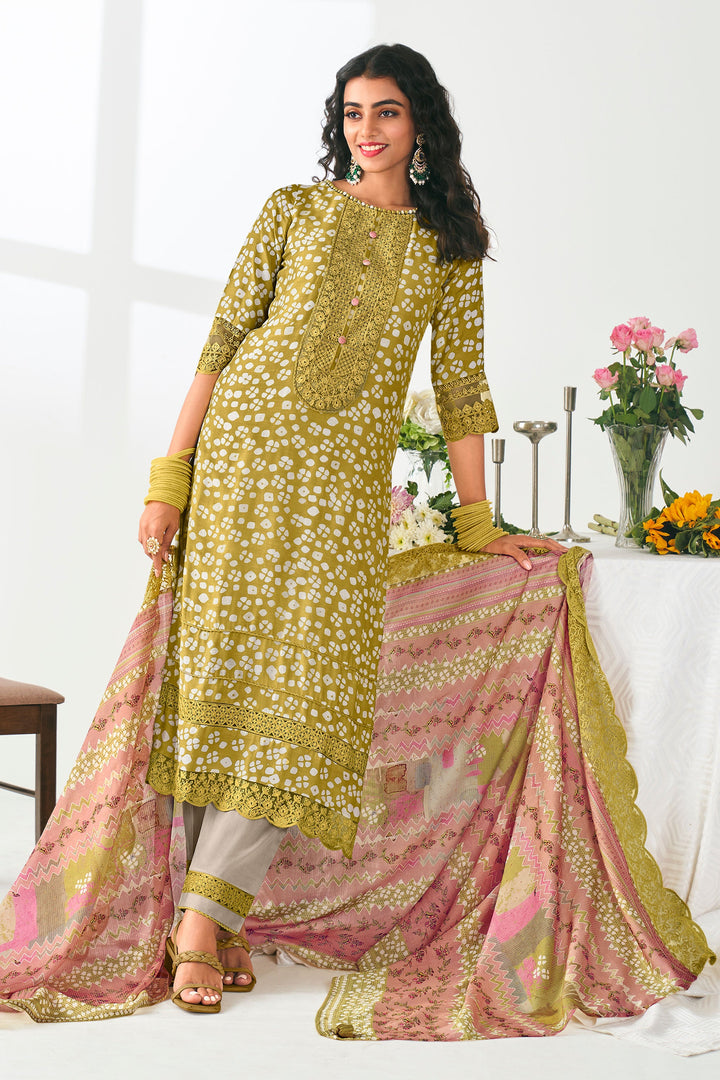 Olive Color Pure Moga Silk Digital Print Long Straight Cut Salwar Suit