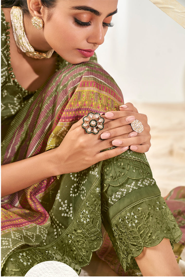 Pure Moga Silk Digital Print Long Straight Cut Salwar Suit In Green Color