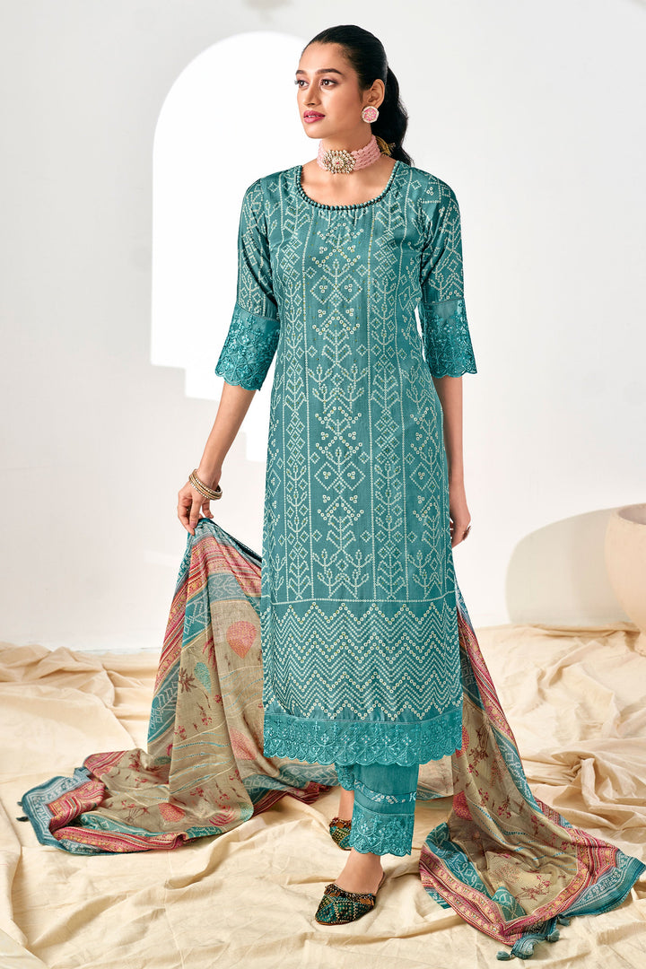 Cyan Color Digital Print Long Straight Cut Salwar Kameez In Pure Moga Silk Fabric
