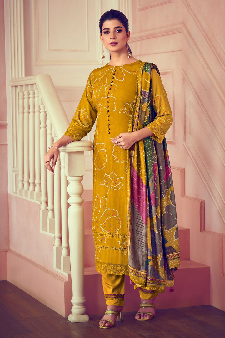 Pure Pashmina Digital Print Mustard Color Salwar Suit