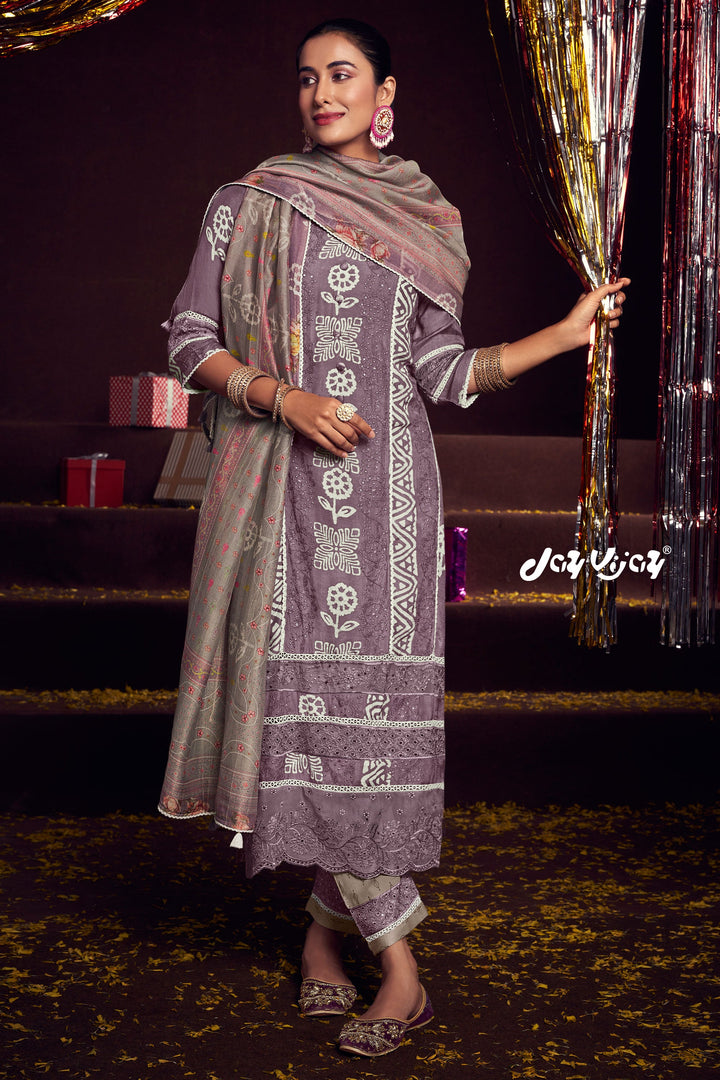 Pure Moga Silk Embroidery Work Lavender Color Salwar Kameez