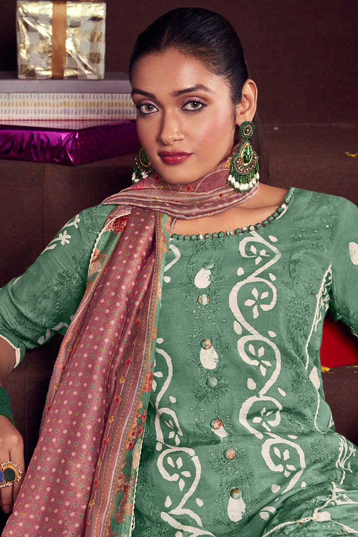 Pure Moga Silk Embroidery Work Suit In Sea Green Color