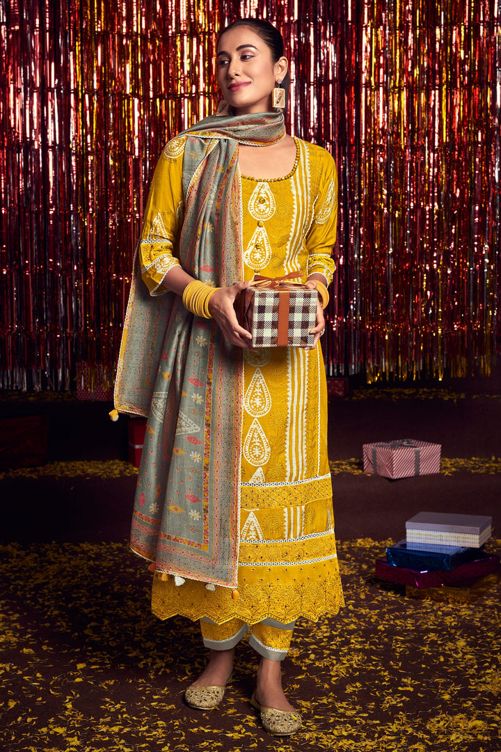 Yellow Color Pure Moga Silk Embroidery Work Function Wear Salwar Kameez