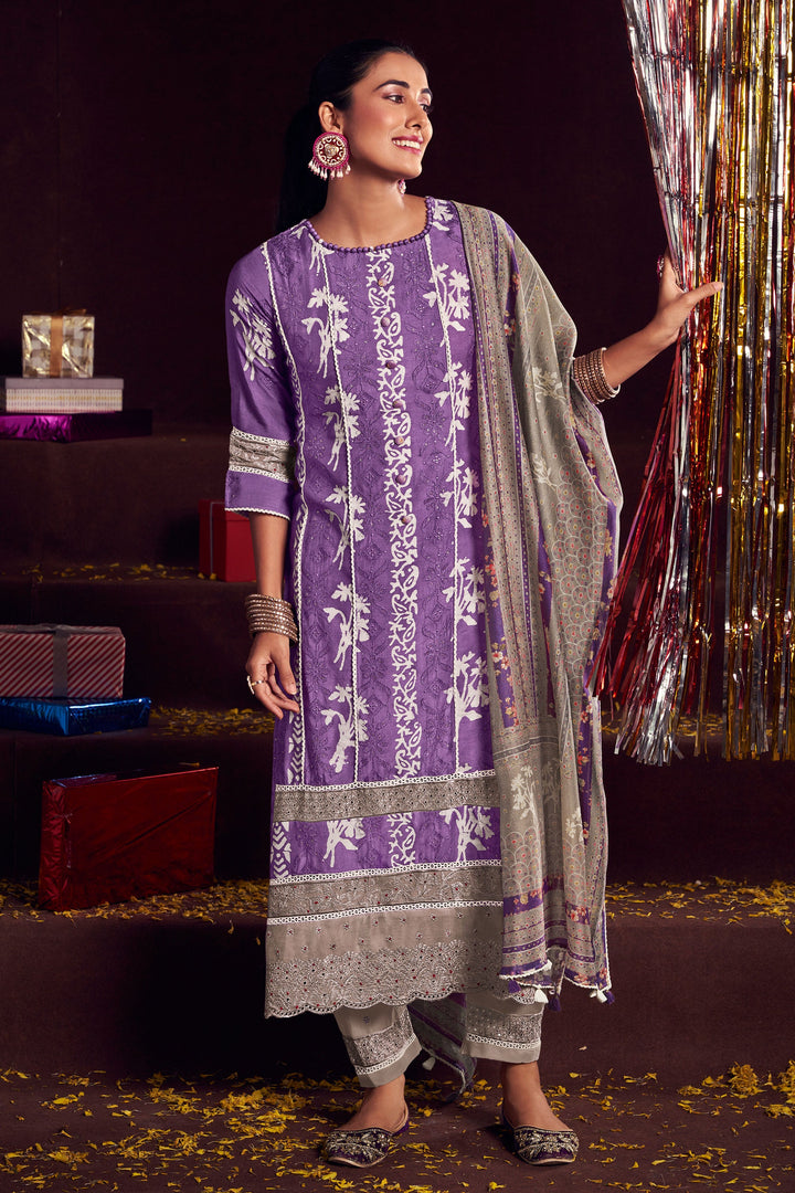 Pure Moga Silk Embroidery Work Festive Wear Salwar Suit In Purple Color