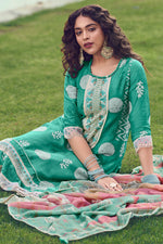 Load image into Gallery viewer, Cyan Pure Moga Silk Enchanting Symphony Designer Long Salwar Suit
