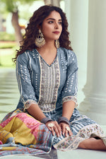 Load image into Gallery viewer, Grey Pure Moga Silk Enchanting Melody Long Straight Cut Salwar Suit Set