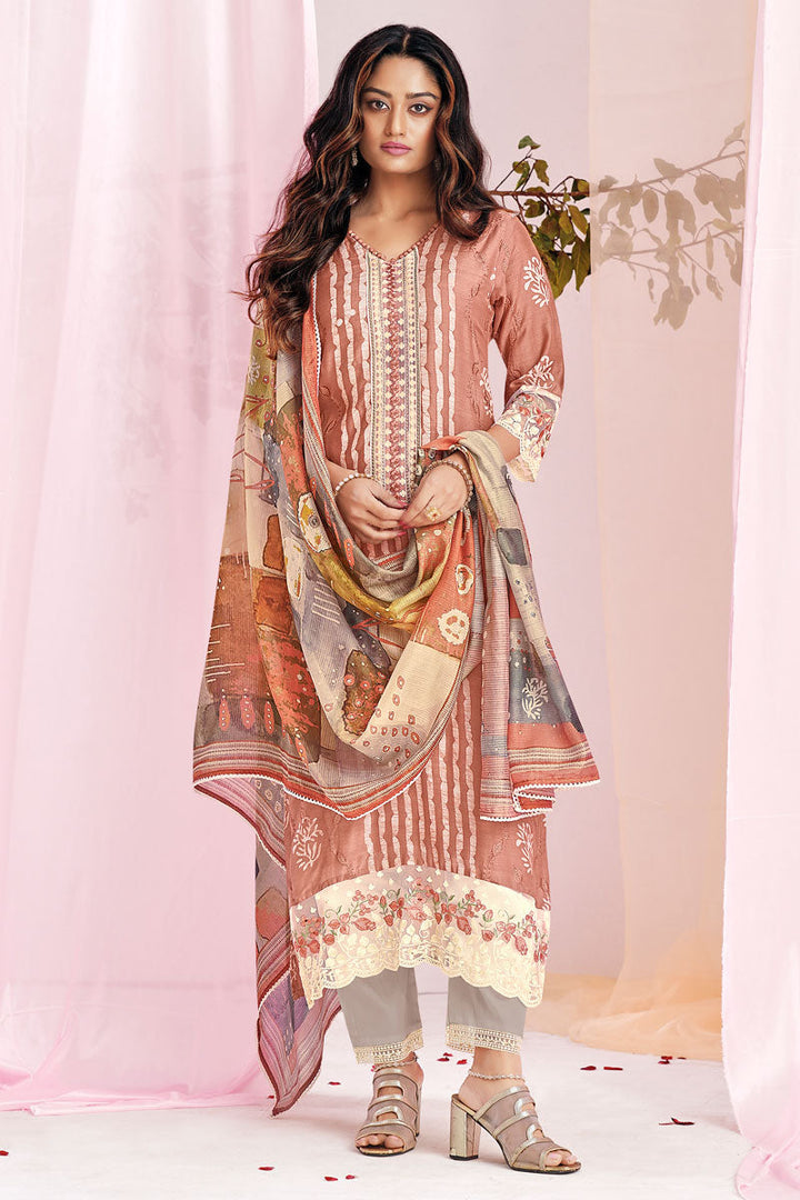 Moga Silk Embroidery And Batik Print Designer Straight Cut Salwar Suit In Peach Color