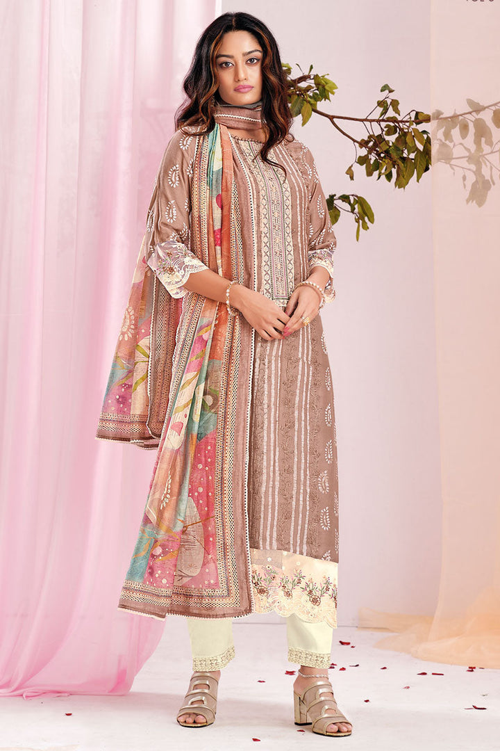 Pure Moga Silk Chikoo Color Salwar Suit With Embroidery And Batik Print