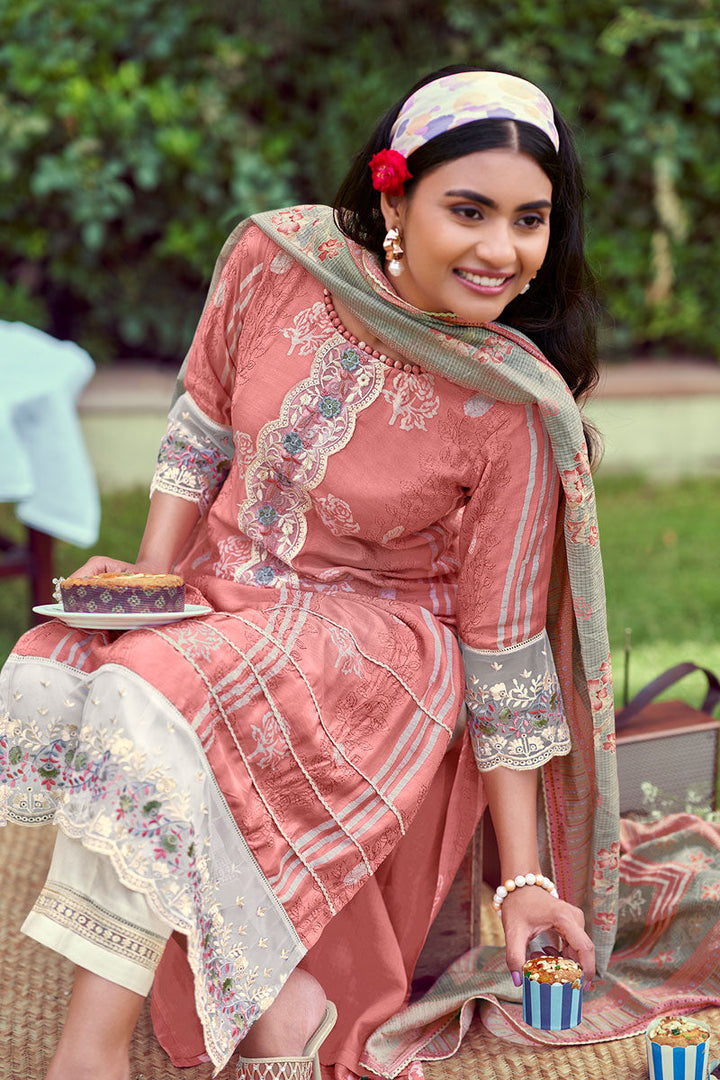 Designer Straight Cut Salwar Suit With Moga Silk Embroidery And Batik Print