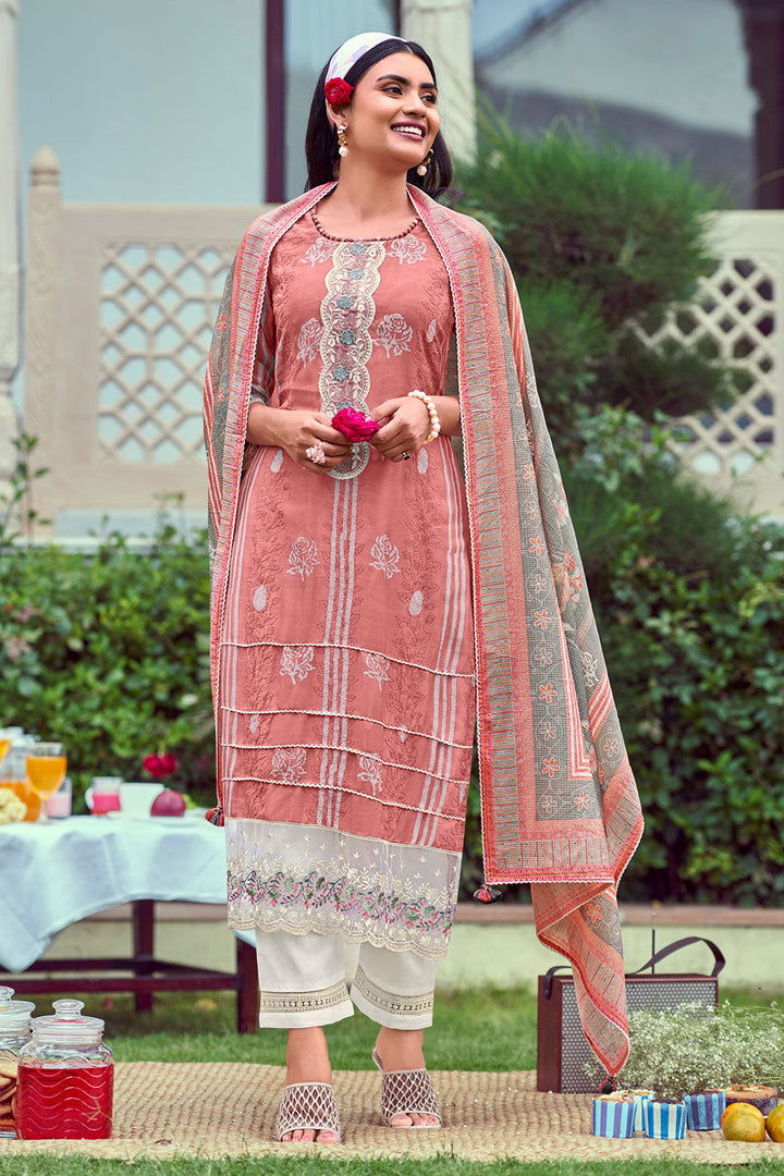 Designer Straight Cut Salwar Suit With Moga Silk Embroidery And Batik Print