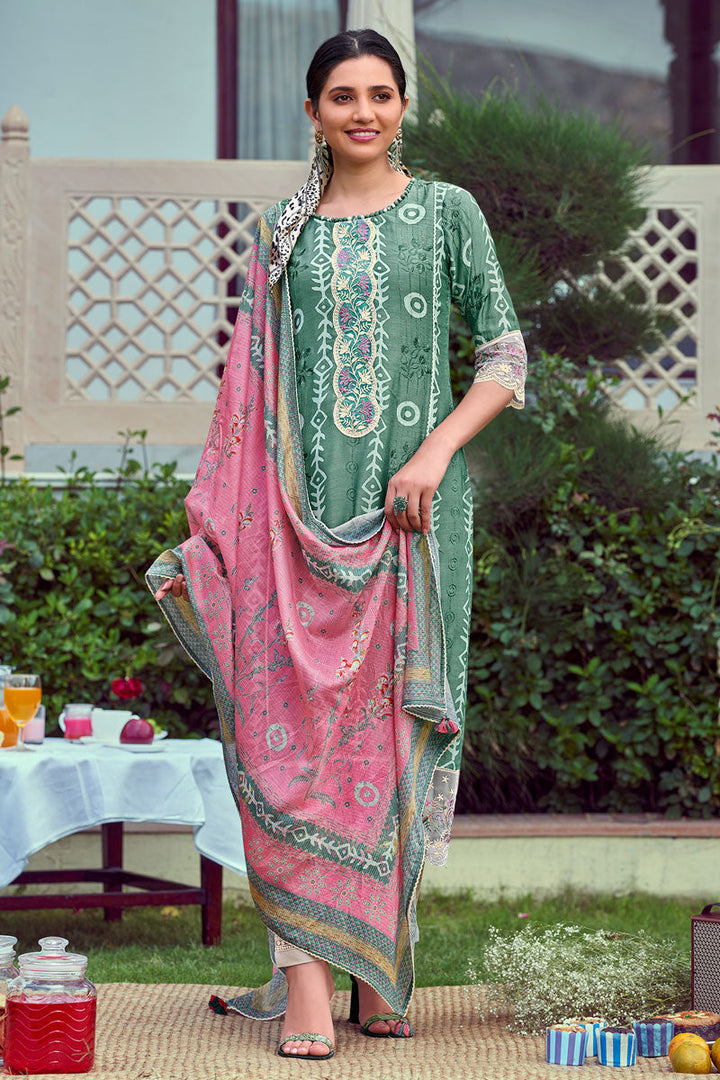 Sea Green Color Pure Moga Silk Salwar Suit With Embroidery And Batik Print