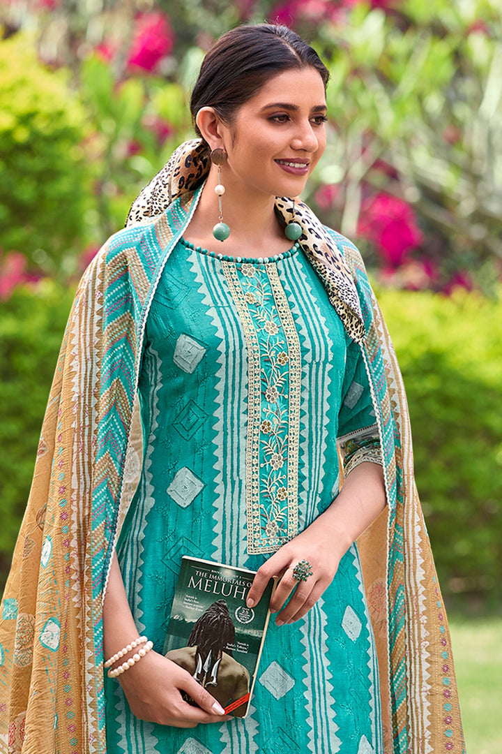 Cyan Color Designer Salwar Suit With Pure Moga Silk Embroidery And Cotton Satin Bottom