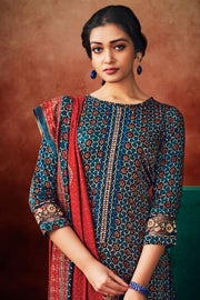 Navy Blue Color Pure Modal Silk With Pure Ajrak Print Festive Wear Long Straight Cut Salwar Kameez