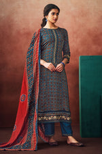 Load image into Gallery viewer, Navy Blue Color Pure Modal Silk With Pure Ajrak Print Festive Wear Long Straight Cut Salwar Kameez