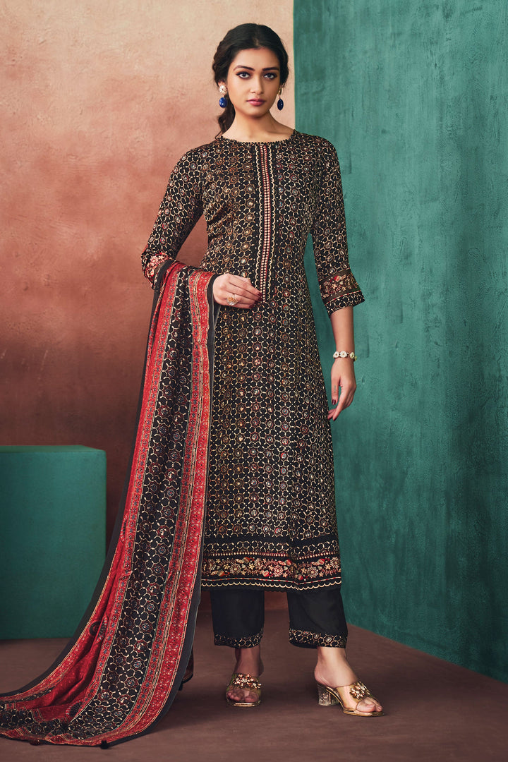 Pure Modal Silk With Pure Ajrak Print Function Wear Long Straight Cut Salwar Suit In Black Color