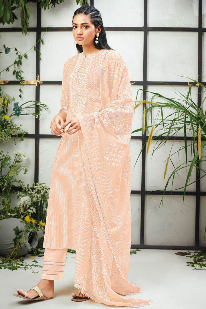 Peach Color Pure Cotton Khadi Block Print With Embroidery Straight Cut Salwar Kameez
