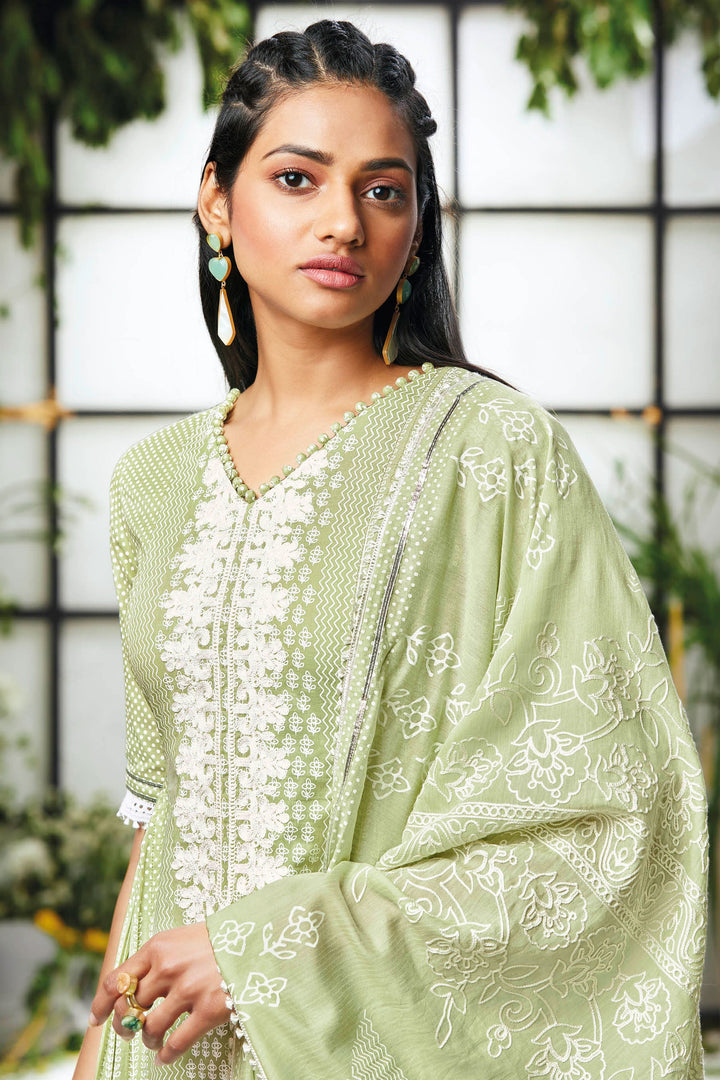 Pure Cotton Khadi Block Print With Embroidery Sea Green Color Straight Cut Salwar Suit