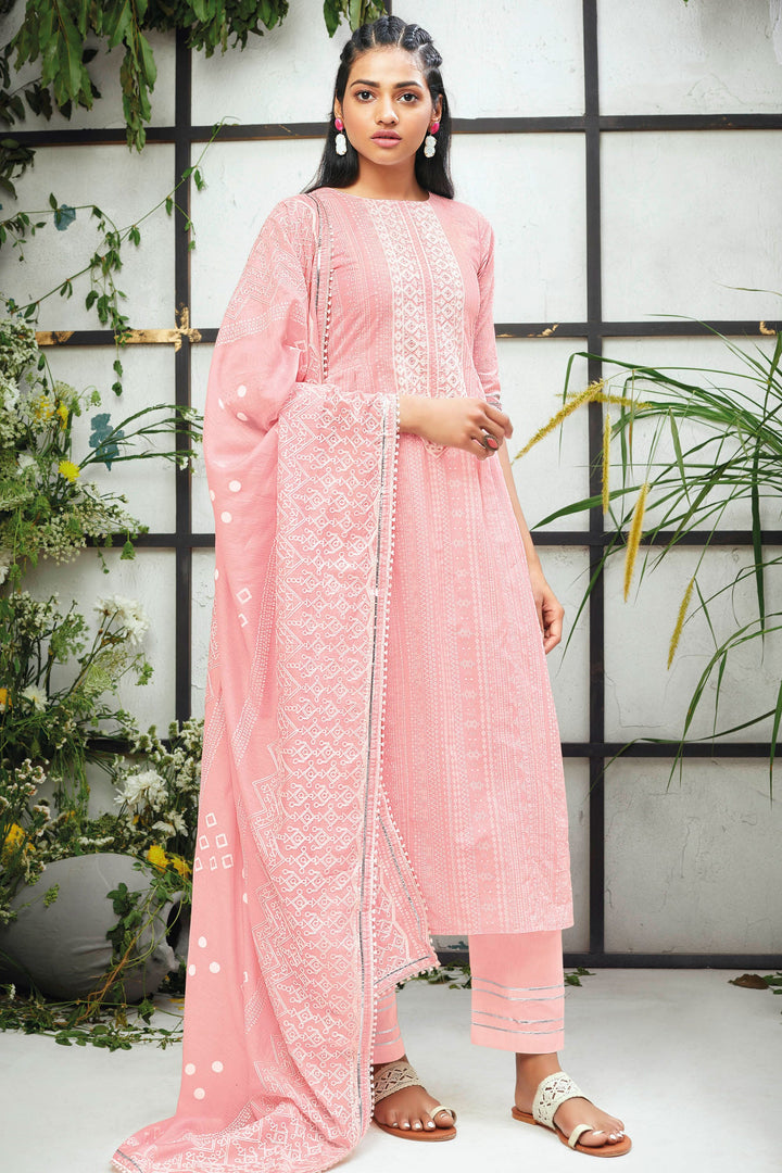 Pure Cotton Khadi Block Print With Embroidery Straight Cut Suit In Pink Color