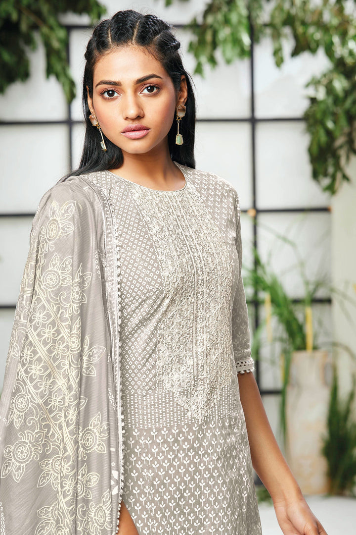 Pure Cotton Khadi Block Print With Embroidery Grey Straight Cut Salwar Suit