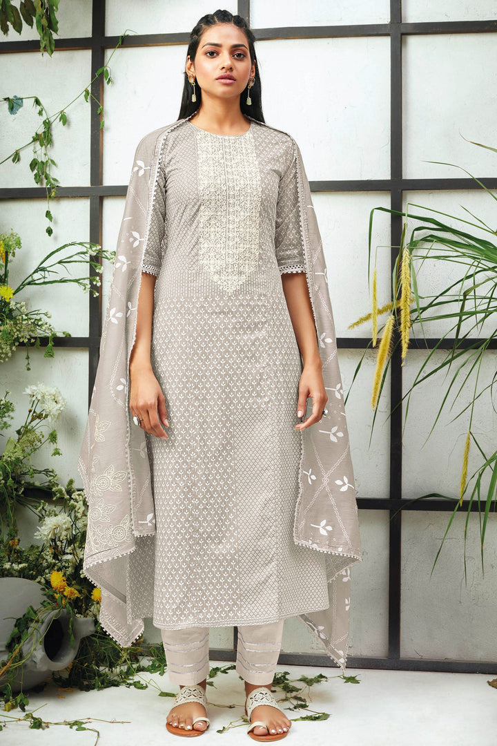 Pure Cotton Khadi Block Print With Embroidery Grey Straight Cut Salwar Suit