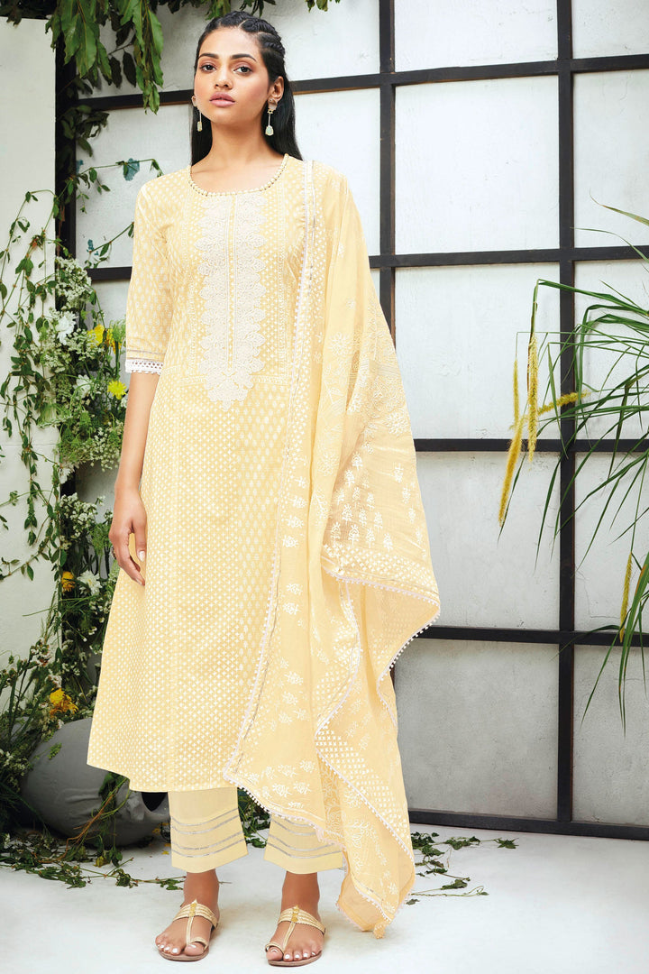 Yellow Pure Cotton Khadi Block Print Straight Cut Salwar Kameez