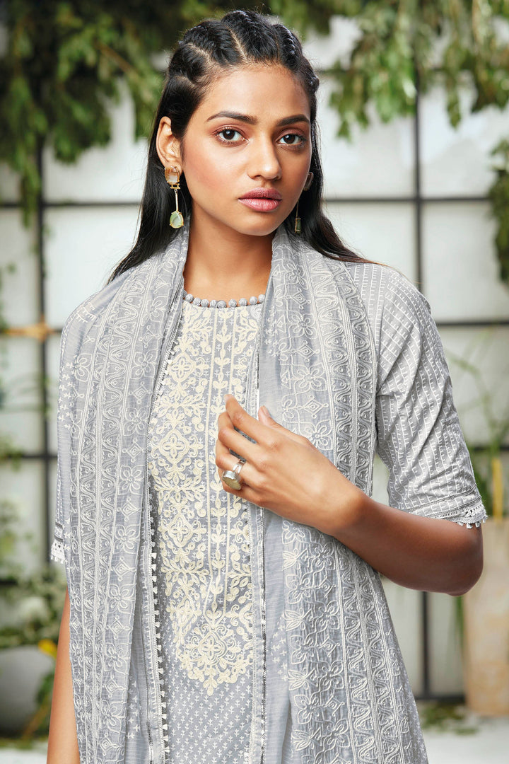 Pure Cotton Khadi Block Print Grey Straight Cut Salwar Suit