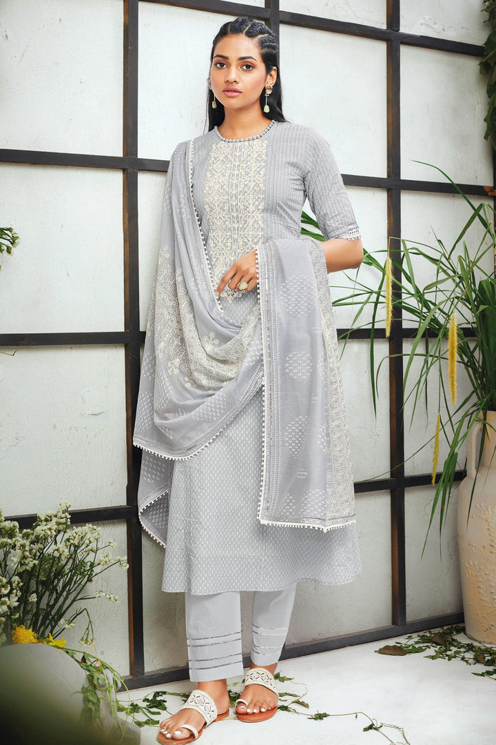 Pure Cotton Khadi Block Print Grey Straight Cut Salwar Suit