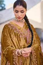 Load image into Gallery viewer, Pure Viscose Velvet Embroidered Designer Salwar Kameez In Brown Color