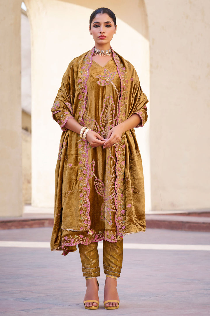Pure Viscose Velvet Embroidered Designer Salwar Kameez In Brown Color