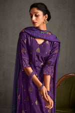 Load image into Gallery viewer, Purple Color Pure Muslin Jacquard Sequence Embroidery Long Straight Cut Salwar Kameez