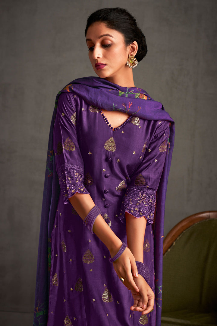 Purple Color Pure Muslin Jacquard Sequence Embroidery Long Straight Cut Salwar Kameez