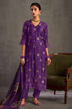 Load image into Gallery viewer, Purple Color Pure Muslin Jacquard Sequence Embroidery Long Straight Cut Salwar Kameez