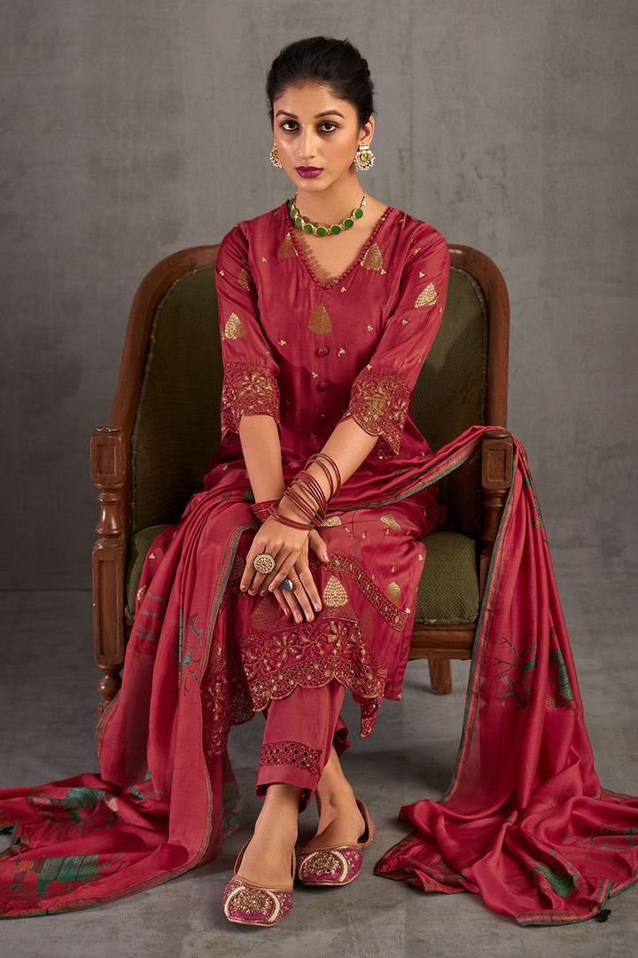 Maroon Color Pure Muslin Jacquard Sequence Embroidery Long Straight Cut Salwar Suit