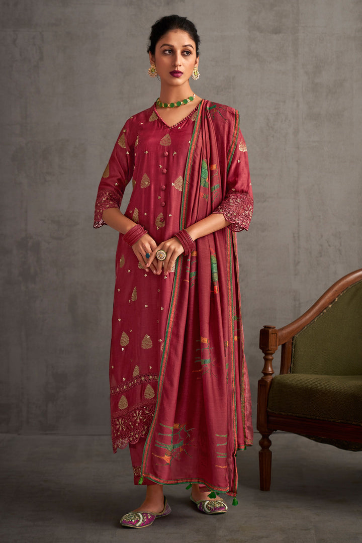 Maroon Color Pure Muslin Jacquard Sequence Embroidery Long Straight Cut Salwar Suit