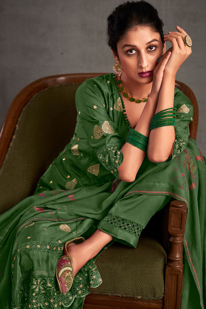 Green Color Pure Muslin Jacquard Sequence Embroidery Long Straight Cut Suit