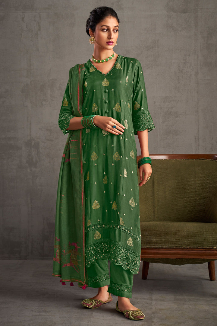 Green Color Pure Muslin Jacquard Sequence Embroidery Long Straight Cut Suit