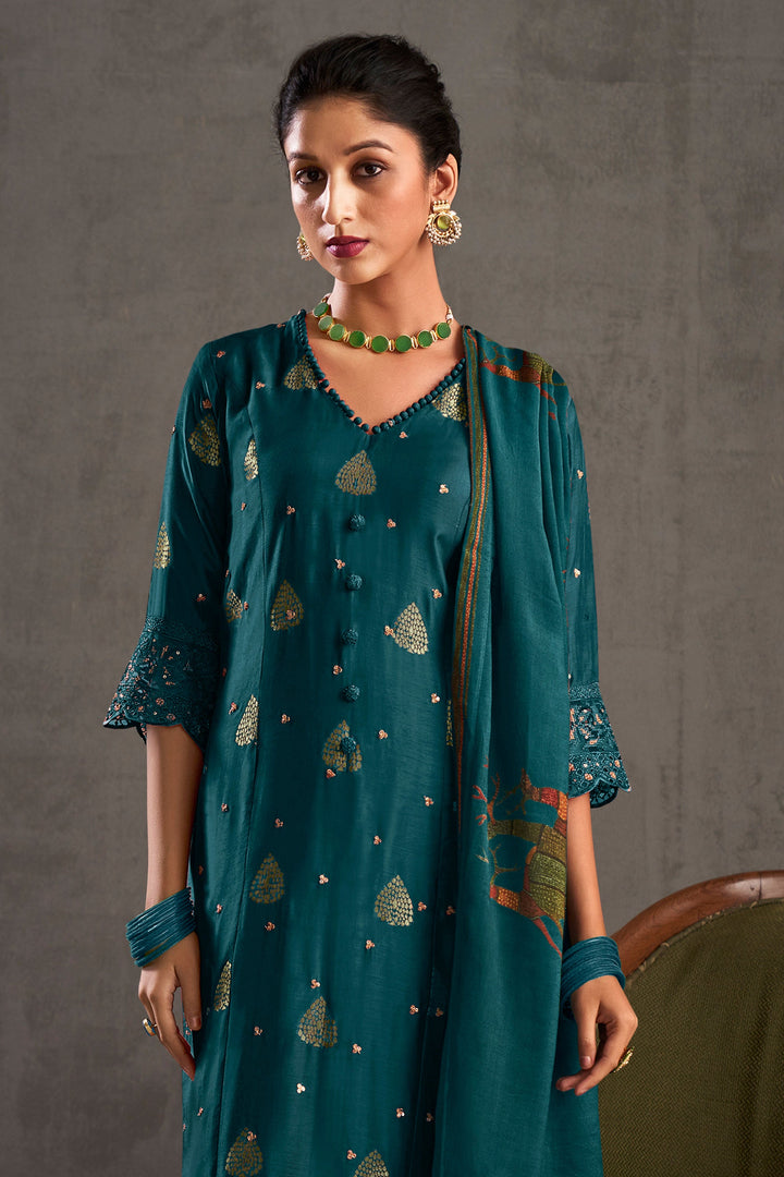 Teal Color Pure Muslin Jacquard Sequence Embroidery Long Straight Cut Salwar Kameez
