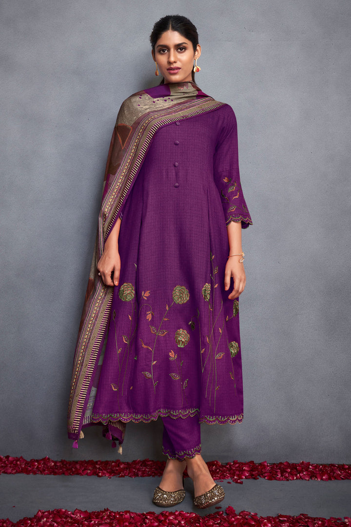 Purple Color Festive Wear Embroidered Salwar Kameez In Pure Pashmina Checks