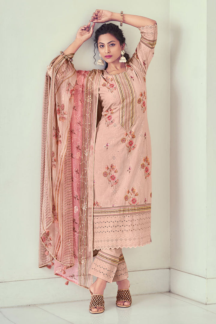 Peach Pure Cotton Artisanal Impressions Straight Cut Salwar Suit