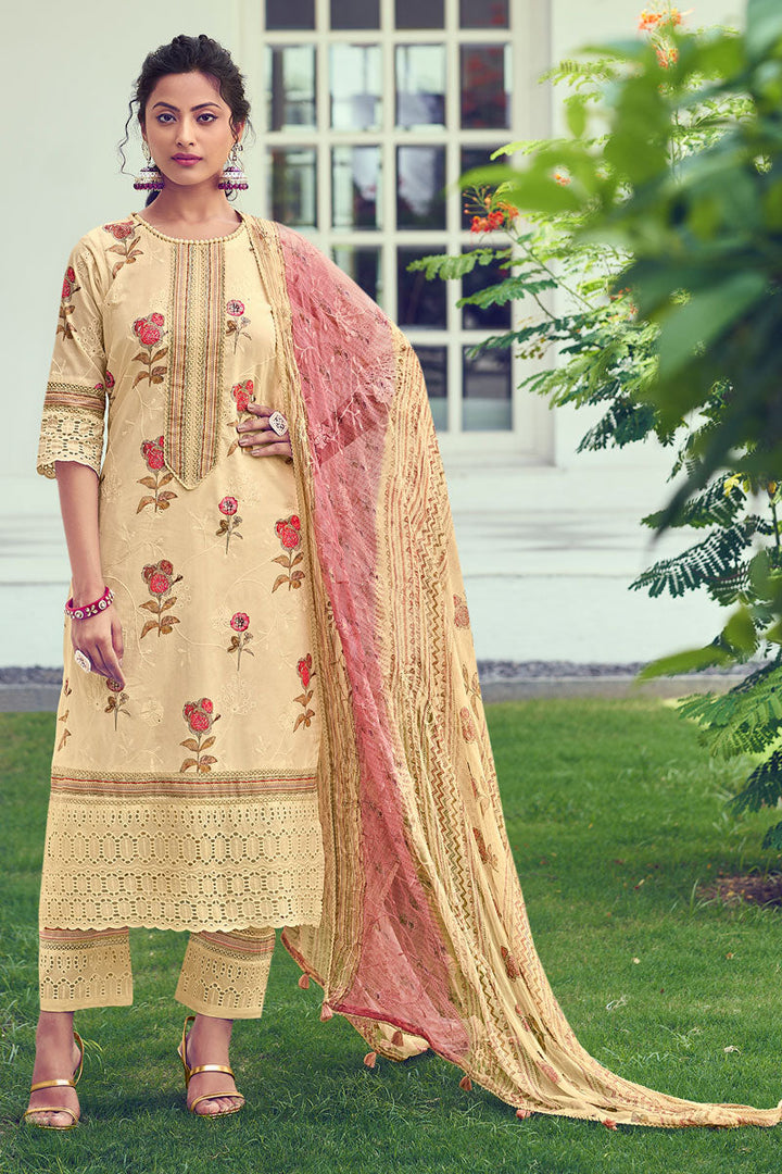Beige Pure Cotton Serene Splendor Designer Salwar Suit