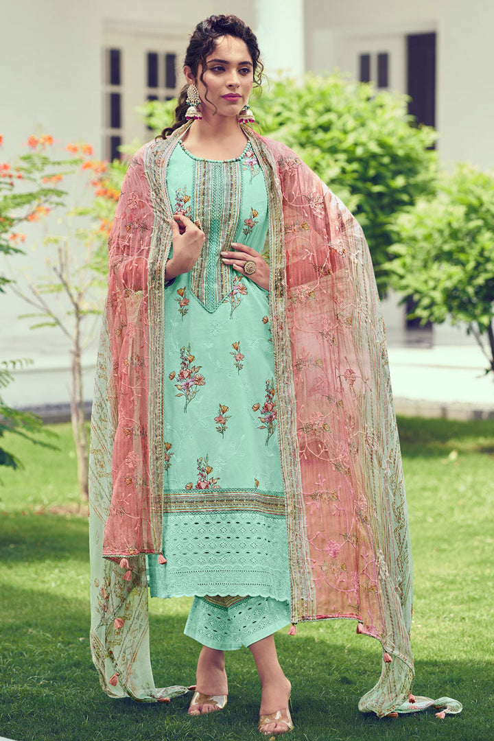 Sea Green Pure Cotton Floral Fusion Straight Cut Salwar Suit