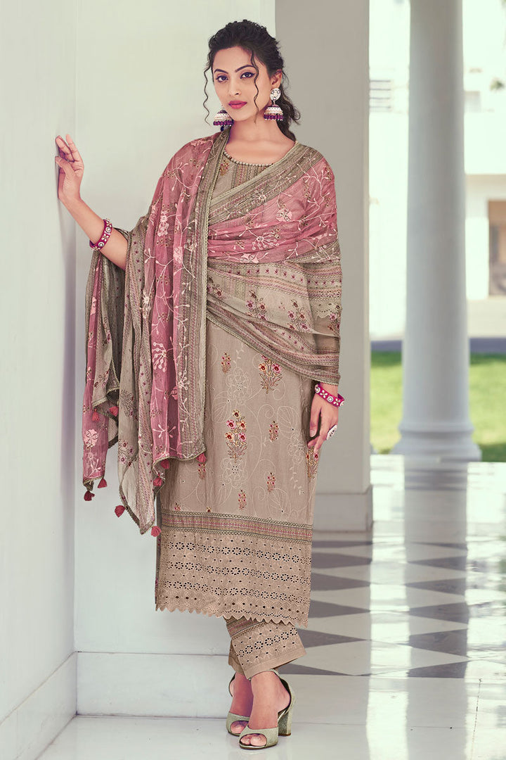 Brown Pure Cotton Serene Splendor Designer Long Straight Cut Salwar Suit