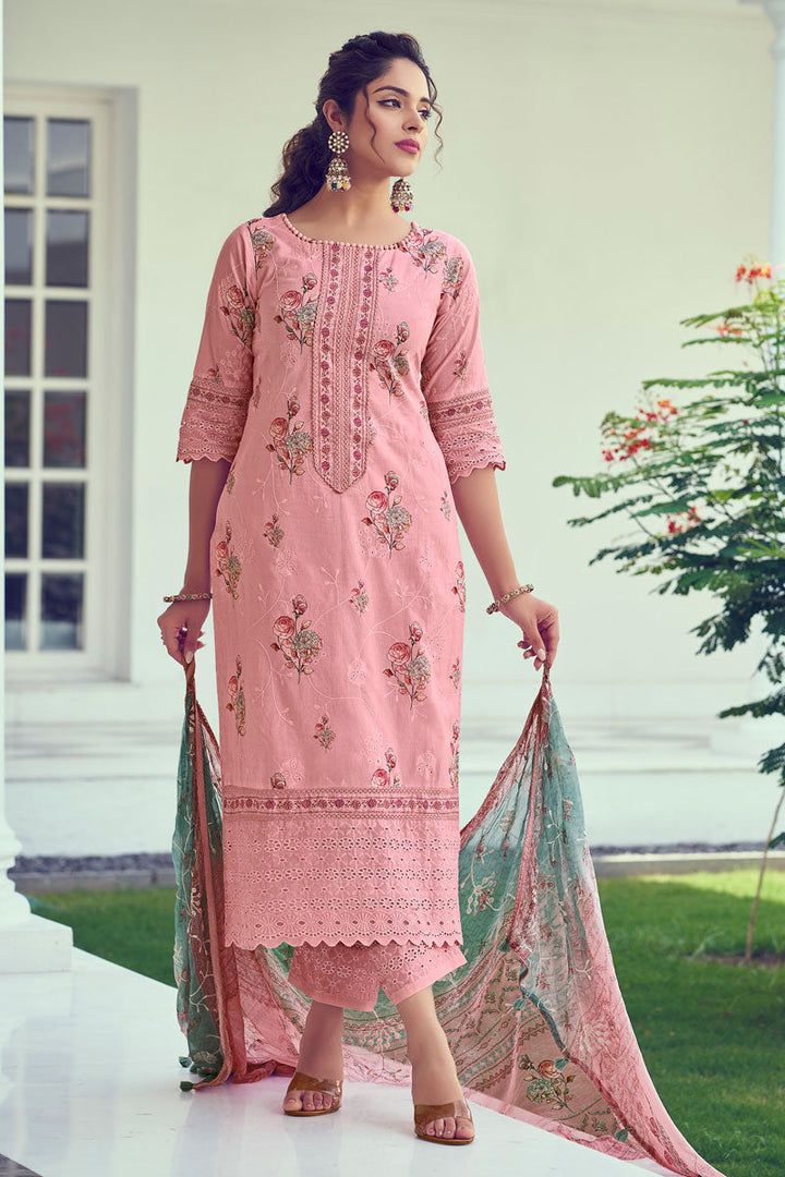Pink Pure Cotton Floral Fusion Long Straight Cut Salwar Suit