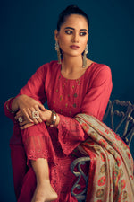 Load image into Gallery viewer, Pure Muga Silk Dark Pink Color Borer Embroidered Unstitched Salwar Suit Set